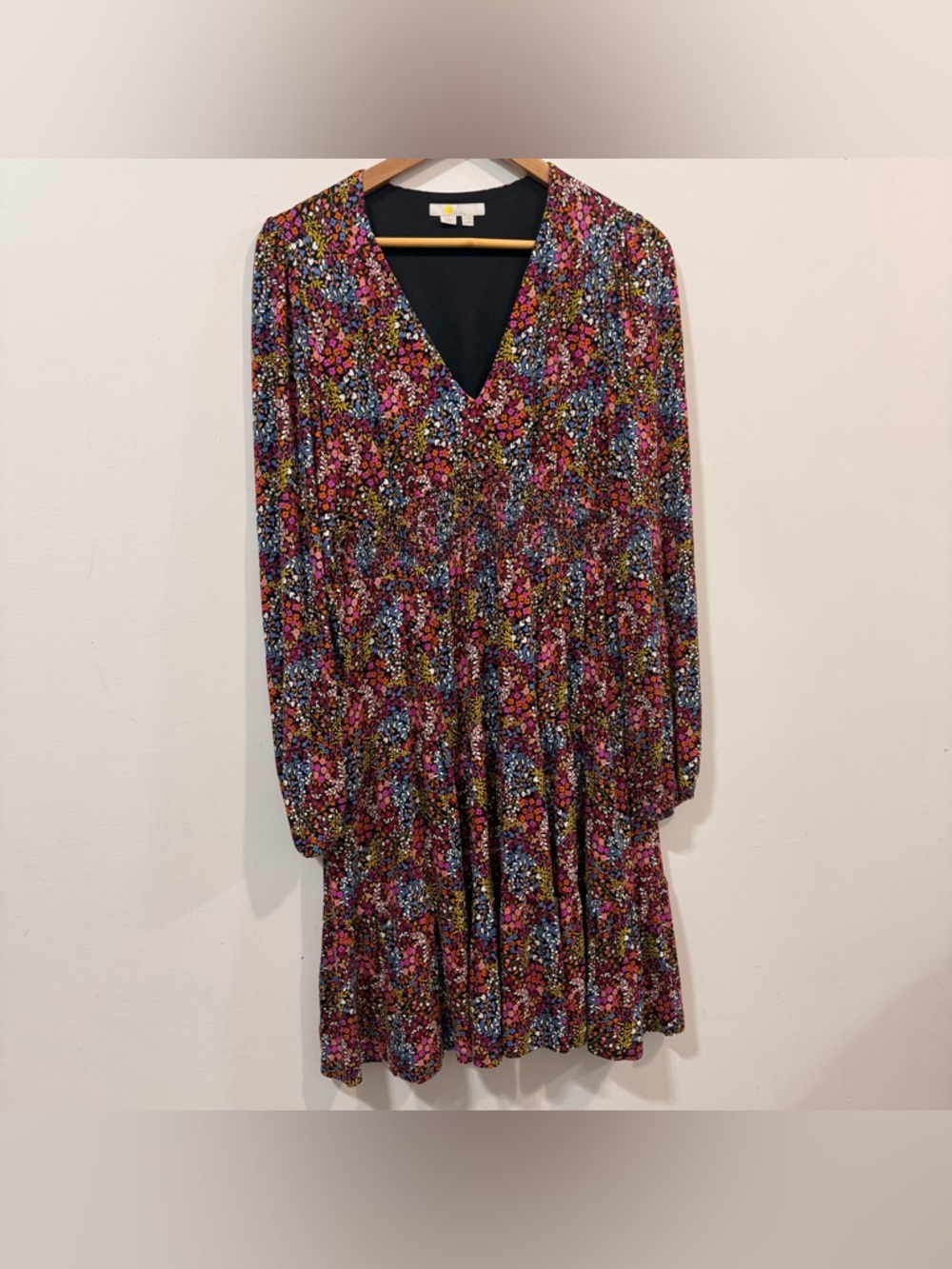 Boden Floral V-Neck Long Sleeve Colorful Ditsy Smocked waist Midi Dress Size 10L